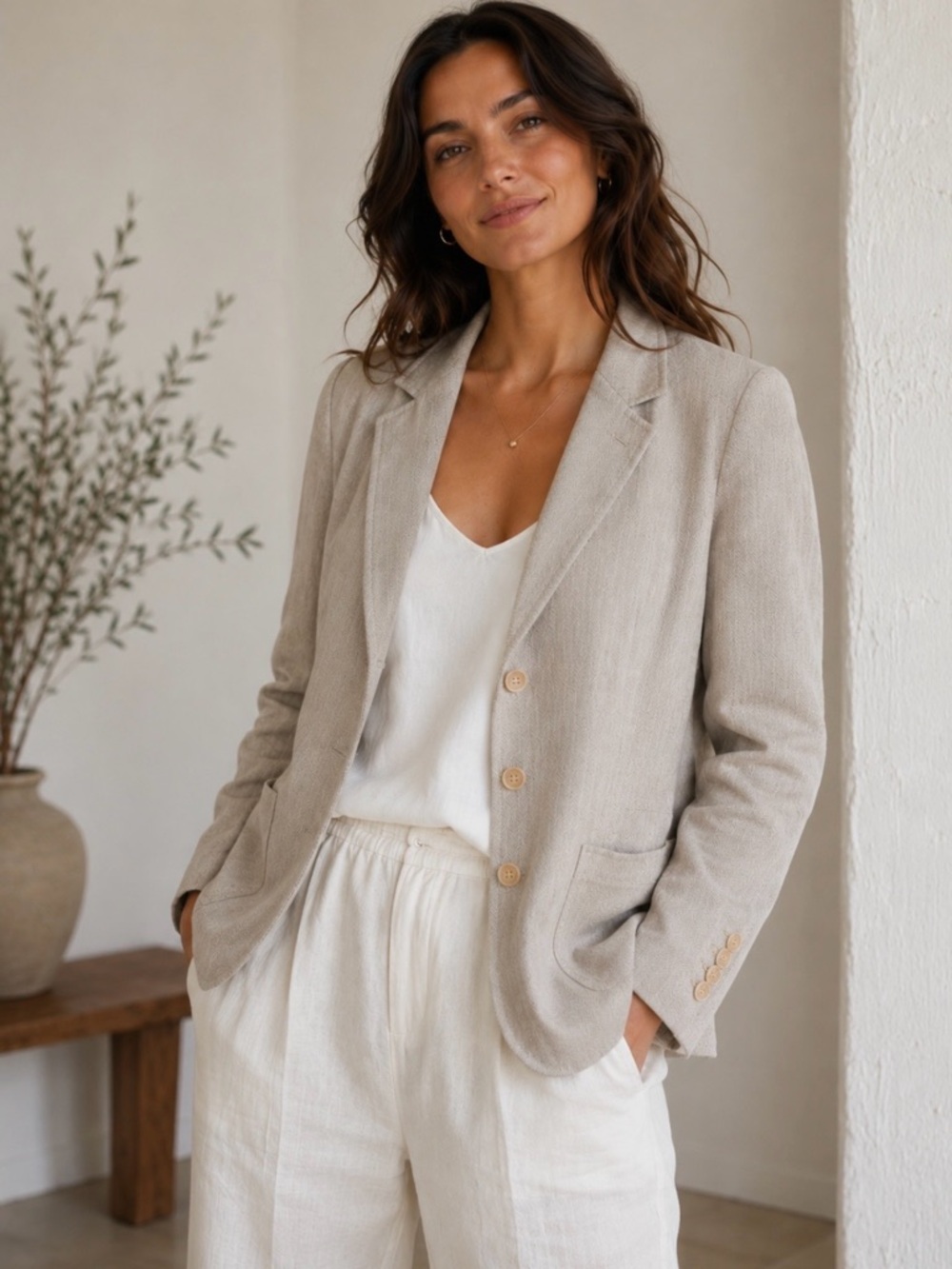 J. McLaughlin Linen Blend Herringbone Blazer Jacket Beige Taupe XS